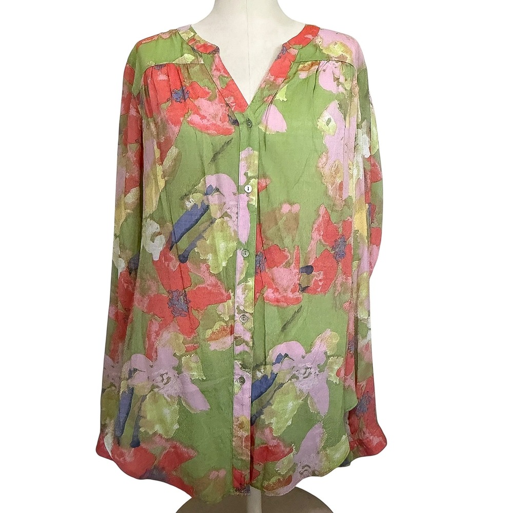 Hope & Harlow Green Floral Watercolor Button Down Blouse XL